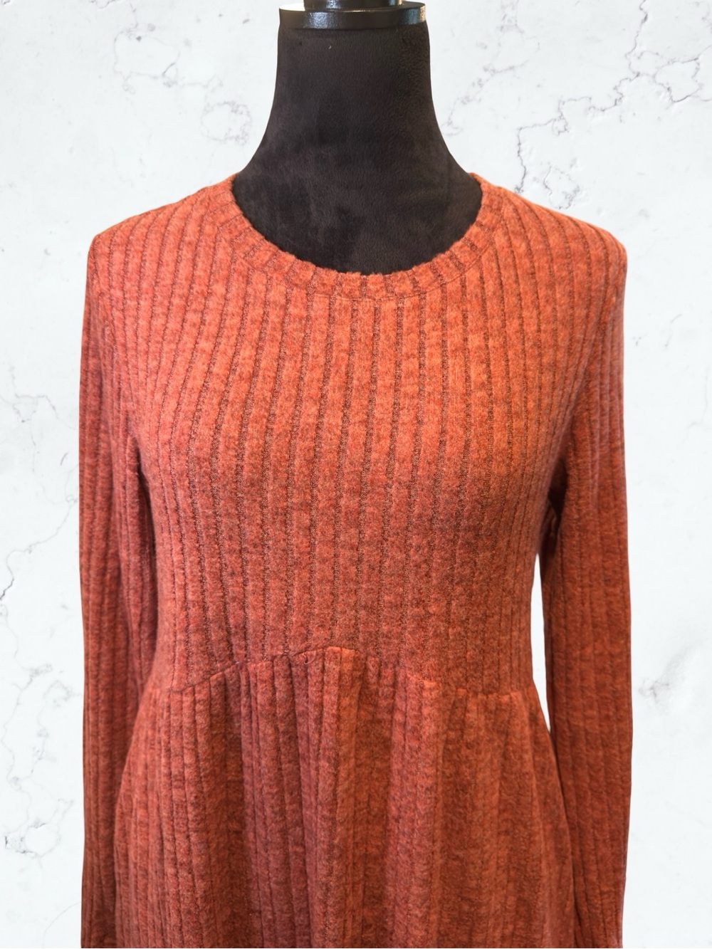 OFEEFAN Ribbed Knit Long Sleeve Tunic Dress Boho Casual Pockets Empire Waist M - Picture 3 of 13